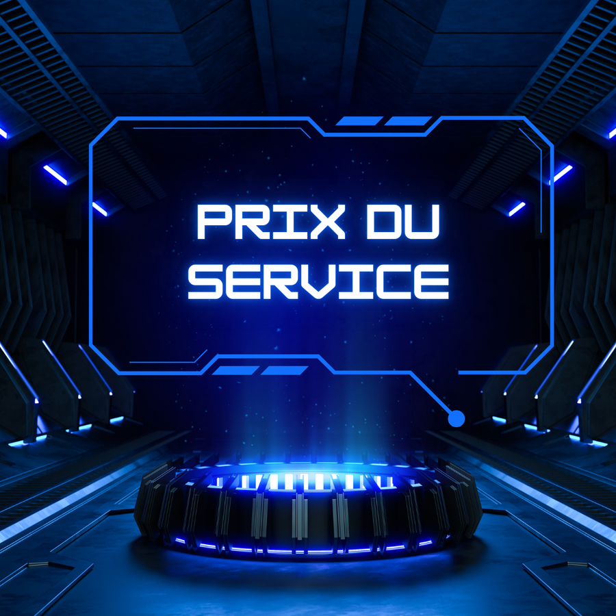 Visuel futuriste avec le texte 'Prix du service', conçu pour refléter l'univers de l'esport et du digital.